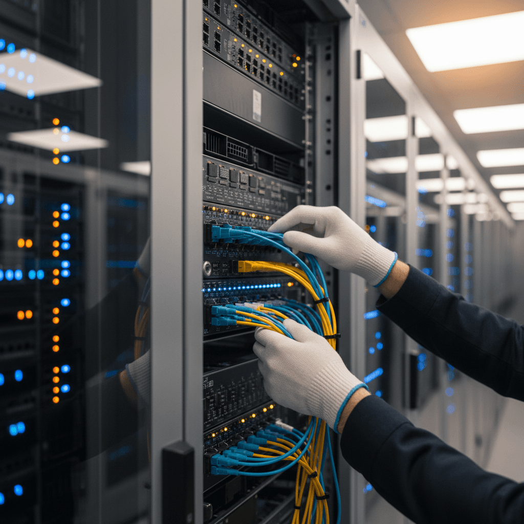 IT technician inspecting server equipment