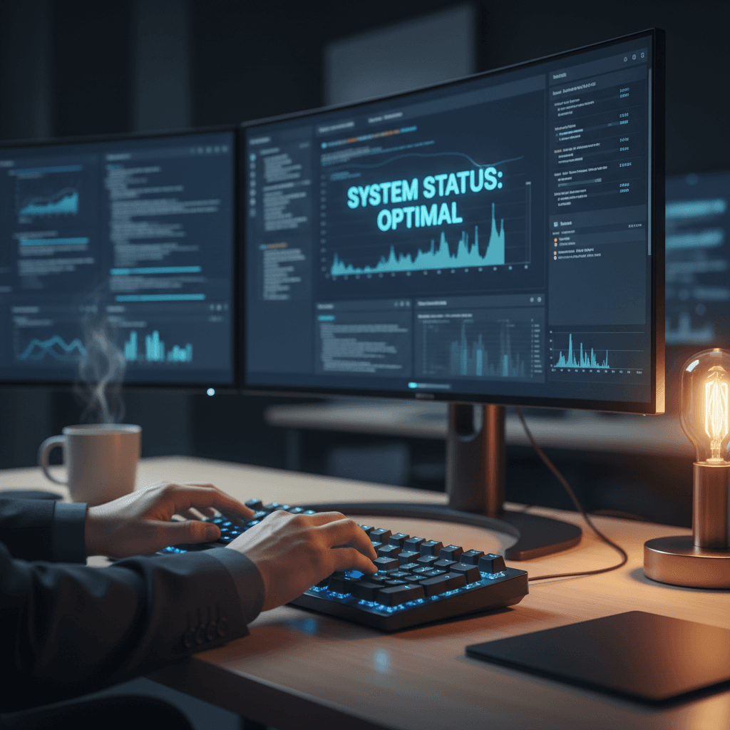 IT professional monitoring multiple computer systems and dashboards